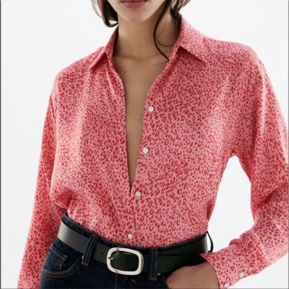 Zara Animal Print Button Down Collar Shirt Pink Red - Picture 1 of 10
